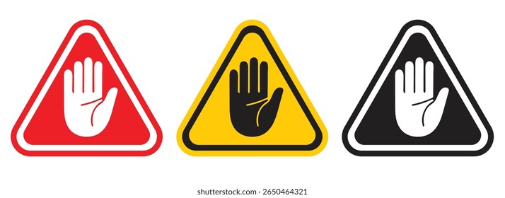 Set of warning and stop signs including hand, exclamation mark, and no entry symbols. Ideal for road safety, caution, and traffic-related design or illustration. Stop, ban, icons, symbol, vector..