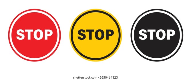 Set of warning and stop signs including hand, exclamation mark, and no entry symbols. Ideal for road safety, caution, and traffic-related design or illustration. Stop, ban, icons, symbol, vector..