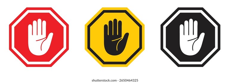 Set of warning and stop signs including hand, exclamation mark, and no entry symbols. Ideal for road safety, caution, and traffic-related design or illustration. Stop, ban, icons, symbol, vector..