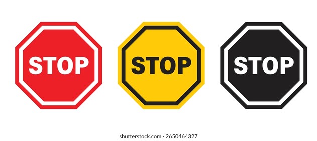 Set of warning and stop signs including hand, exclamation mark, and no entry symbols. Ideal for road safety, caution, and traffic-related design or illustration. Stop, ban, icons, symbol, vector..