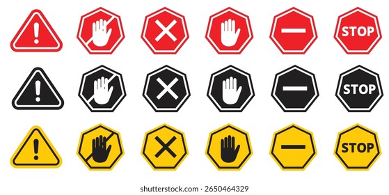 Set of warning and stop signs including hand, exclamation mark, and no entry symbols. Ideal for road safety, caution, and traffic-related design or illustration. Stop, ban, icons, symbol, vector..