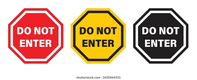 Set of warning and stop signs including hand, exclamation mark, and no entry symbols. Ideal for road safety, caution, and traffic-related design or illustration. Stop, ban, icons, symbol, vector..