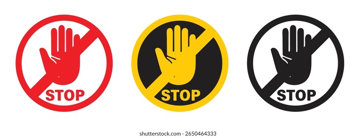 Set of warning and stop signs including hand, exclamation mark, and no entry symbols. Ideal for road safety, caution, and traffic-related design or illustration. Stop, ban, icons, symbol, vector..