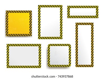 Set of warning striped rectangular background, yellow and black stripes on the diagonal, warning to be careful potential danger template sign border. Construction warning border. Vector illustration