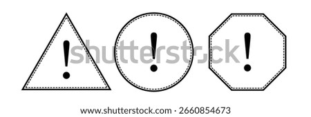 Set of Warning Symbols with Exclamation Marks in Triangle, Circle, and Octagon Shapes