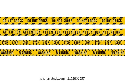 Set of warning tape for construction and crime fighting. Do not cross, attention, stop, warning. Vector illustration.