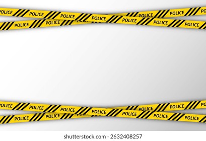 Definir linhas de fitas de aviso para restrição de zonas de acidentes criminais. Fitas amarelas da barreira de segurança. Fitas policiais listradas no fundo branco. Fronteiras perfeitas para locais de crime. Ilustração vetorial.