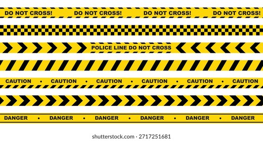 Un conjunto de cintas de advertencia para la restricción de zonas de accidentes criminales. Frontera de franja policial negra y amarilla. Fronteras de barrera para lugares de delincuencia, sitios de atención o obras de construcción.