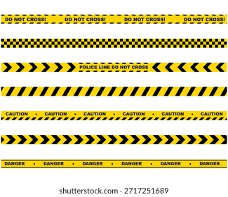 Un conjunto de cintas de advertencia para la restricción de zonas de accidentes criminales. Frontera de franja policial negra y amarilla. Fronteras de barrera para lugares de delincuencia, sitios de atención o obras de construcción.
