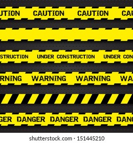 Set of warning tapes on dark dotted background. Warning tape, danger tape, caution tape, danger tape, under construction tape. Vector illustration