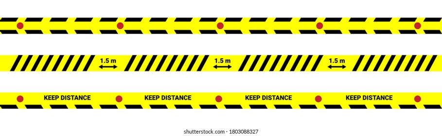 a set of warning Tapes for Social Distancing. keep your distance. 1.5 meters. Separate Yellow Warning Tape. Coronavirus Social Distance. OKVED-19. Vector Illustration Background