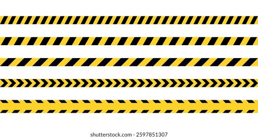Set of warning tapes with yellow and black stripes isolated on a transparent background. Abstract stripes for police, accident, construction. Dangerous ribbons. Seamless flat vector illustrations.