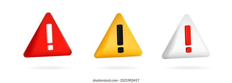 Set of warning triangle with exclamation mark. Symbol of danger. Colorful error signs.