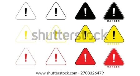 Set of warning triangle signs with exclamation mark. Danger, alert, and caution icon collection isolated on transparent background