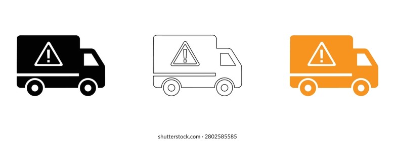 Set of warning truck icons in black, white, and orange, ideal for hazard transport or safety concepts