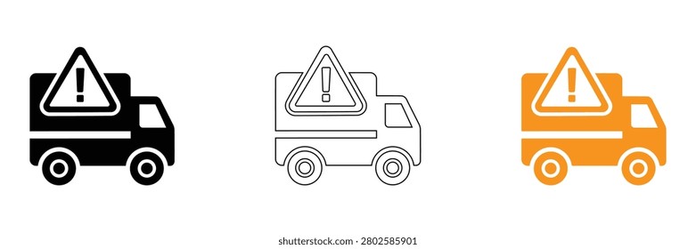 Set of warning truck icons in black, white and orange on white background. Use for warning or hazard transportation concepts.