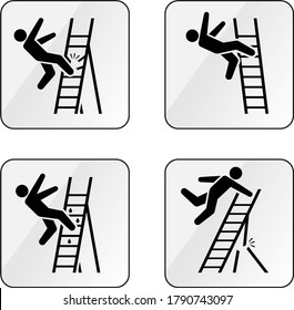 A Set Of Warning Vector Signs About The Danger Of Falling From A Ladder And A Stepladder Of Broken, Unstable, Slippery Steps. Be Careful When Working At Height.