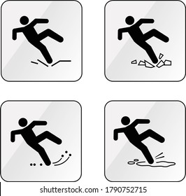 A set of warning vector signs about unstable floor or floor covering, fragile, weak, slippery, small balls. Be careful of the risk of slipping and falling on the floor and damage after falling.