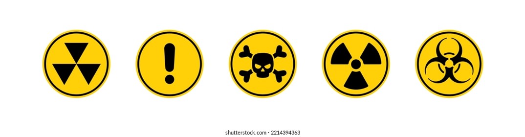 Conjunto de señales redondeadas amarillas de advertencia con un biopeligro, radioactivo, cráneo y huesos y símbolos de caída ilustración vectorial