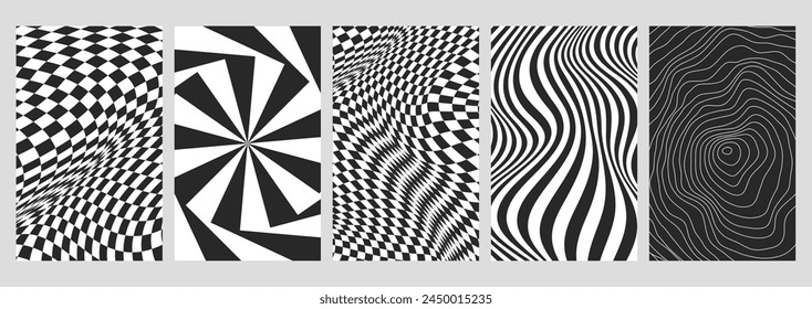 Set of warped checkerboard posters with distorted swirl and checkered texture. Trendy vector chessboard backgrounds in retro y2k psychedelic style. Seamless geometric pattern with grid tile, wavy line