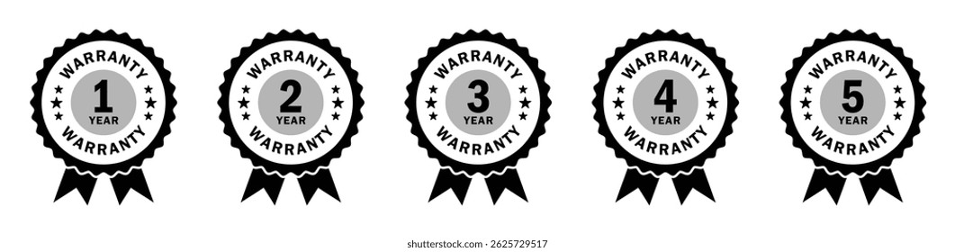 Conjunto de emblemas de garantia por 1 a 5 anos com design de fita e estrela. Ideal para embalagem de produtos, marcas, garantias de serviço e materiais promocionais. Vetor, ícones, garantia.