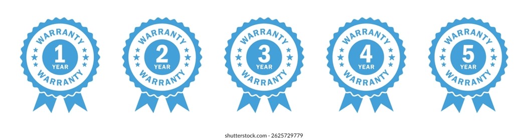 Conjunto de emblemas de garantia por 1 a 5 anos com design de fita e estrela. Ideal para embalagem de produtos, marcas, garantias de serviço e materiais promocionais. Ícones, vetor. garantia.