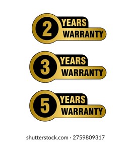 Set of warranty badges with 2, 3 and 5 years guarantee labels in premium style isolated on white background. Perfect for product marketing and branding.