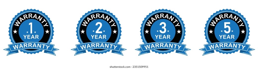 Set of warranty label sticker blue and black color. 1, 2, 3, 5 years warranty label or seal flat icon set in blue and black color vector illustration.