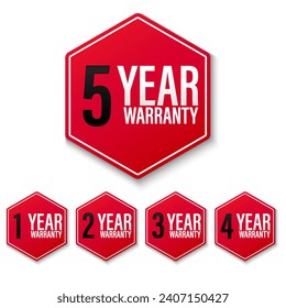 Set of warranty number 1, 2, 3, 4, 5 year label badge red and white style, Set of warranty design isolated on white background, Vectord illustration.