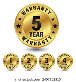 Set of warranty number 1, 2, 3, 4, 5 year label badge gold and black style isolated on white background, Vector warranty and illustration.