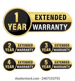 Set of warranty number 1, 2, 3, 4, 5 year label badge gold and black style isolated on white background, Vector and illustration.