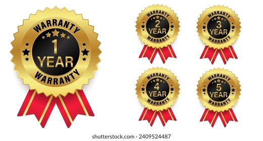 Set of warranty number 1, 2, 3, 4, 5-year label badge gold, black and red ribbon style, Set of warranty logo design isolated on white background, Vector golden warranty and illustration.