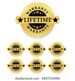 Set of warranty number 10, 15, 20, 25, 30, 50 year and lifetime label badge gold and black style isolated on white background, Vector illustration.