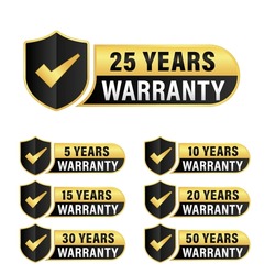  Set Of Warranty Number 5, 10, 15, 20, 25, 30, 50 Year Label Badge Gold And Black Style Isolated On White Background, Vector Golden Warranty 