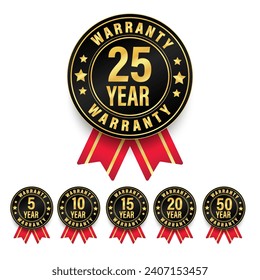 Set of warranty number  5, 10, 15, 20, 25, 50 year label badge gold, black and red ribbon style isolated on white background, Vector illustration.