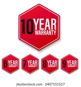 Set of warranty number 6, 7, 8, 9, 10 year label badge red and white style, Set of warranty  isolated on white background, Vector illustration.