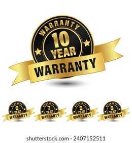 Set of warranty number 6, 7, 8, 9, 10 year label badge gold and black style isolated on white background, Vector warranty and illustration.