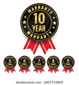 Set of warranty number 6, 7, 8, 9, 10 year label badge gold, black and red ribbon style isolated on white background, Vector and illustration.