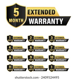 Set of warranty numbers 1 to 12 months  label shield badge gold, black style, Set of warranty logo design isolated on white background, Vector golden warranty and illustration.