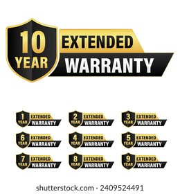 Set of warranty numbers 1, 2,3, 4, 5, 6, 7, 8, 9, 10 year label shield badge gold, black style, Set of warranty logo design isolated on white background, Vector golden warranty and illustration.