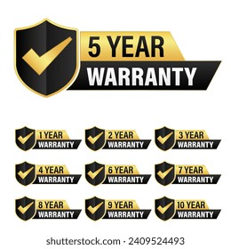 Set of warranty numbers 1, 2,3, 4, 5, 6, 7, 8, 9, 10 year label shield badge gold, black style, Set of warranty logo design isolated on white background, Vector golden warranty and illustration.