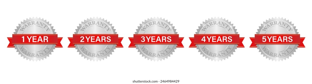 Set of Warranty Sign. 1,2,3,4,5 Years Warranty. Vector Illustration Isolated on White Background. 