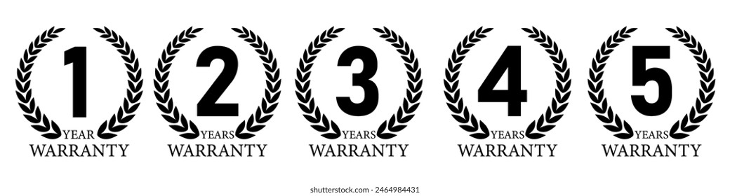 Set of Warranty Sign. 1,2,3,4,5 Years Warranty. Vector Illustration Isolated on White Background. 