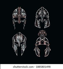 Set of warrior helmets, hand drawn line style with digital color, vector illustration