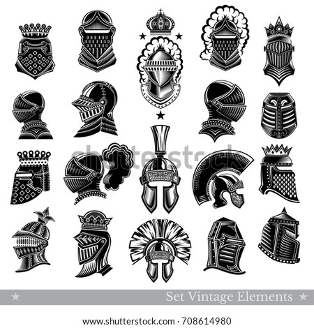 Set of warrior vintage helmets isolated on white