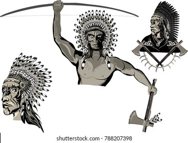 Set of warriors of native americans in traditional clothes