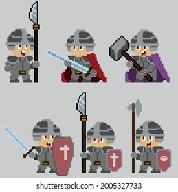 Set of warriors pixel characters in art style