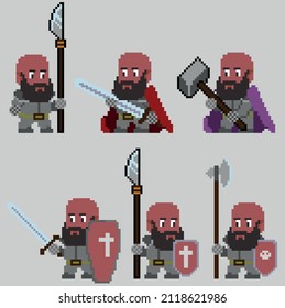 Set of warriors pixel characters in art style