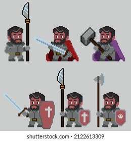 Set of warriors pixel characters in art style