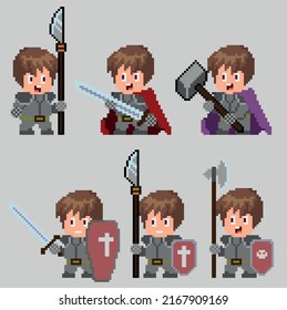 Reihe von Pixelzeichen von Kriegern im Kunststil